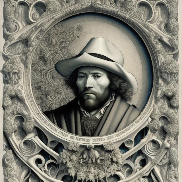 2399208271-portrait of the holy cowboy in heaven, hans holbein, ernst haeckel, ivory colored background with ochregreen tint and blue tint,.webp